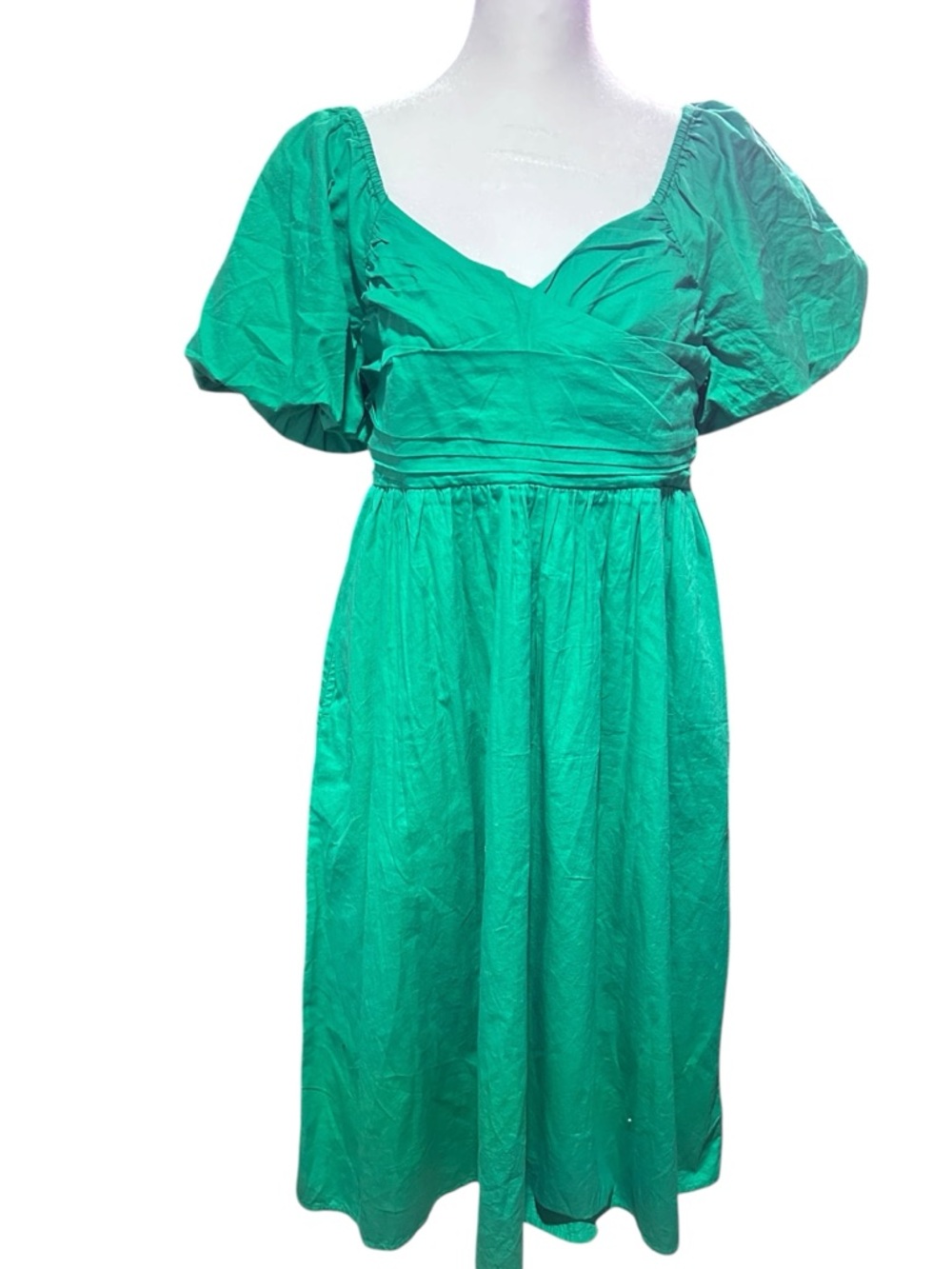 Crown & Ivy Green Cotton Smocked Puff Sleeve Midi Dress Cottagecore Sz S - Picture 2 of 5